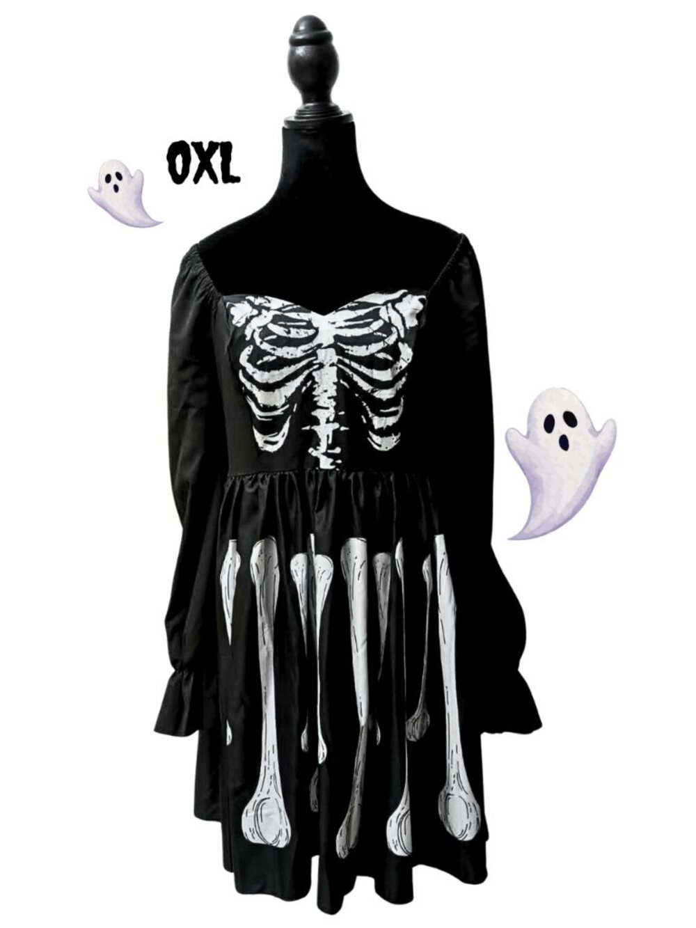 Skeleton Rib Cage Gothic Halloween Smocked Black Mini Dress 0XL